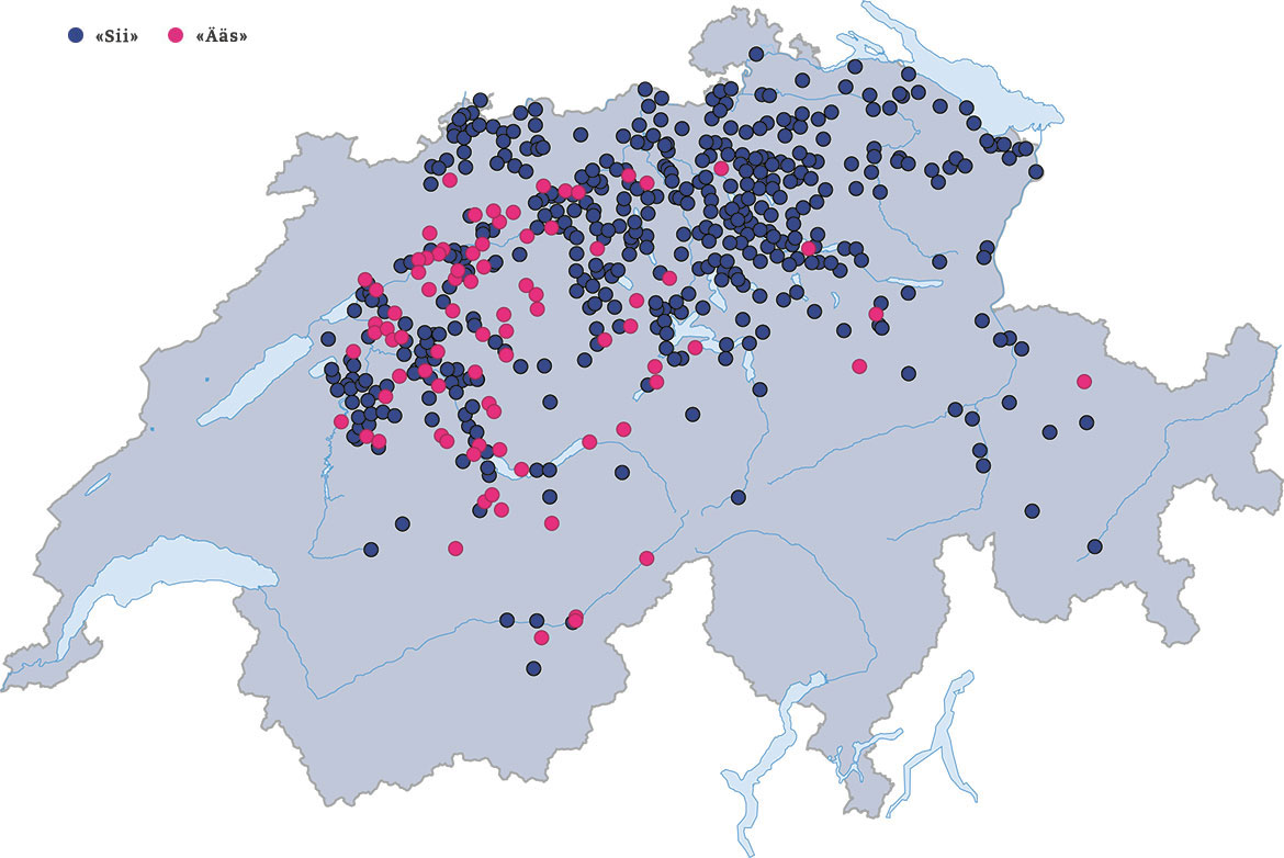 Répartition des gens qui disent «sii» («sie», pronom féminin) ou «àäs» («es», pronom neutre) dans une phrase se référant à «s Mami» («la maman»). Image: 2. stock süd, Source: regionalsprache.de